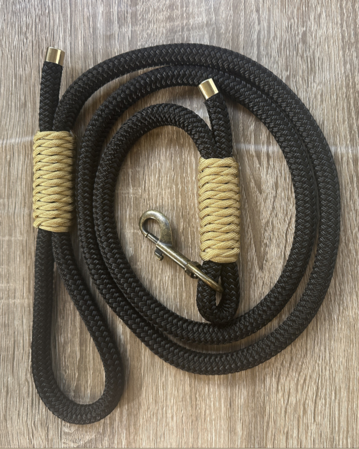 Black rope lead with gold wrap